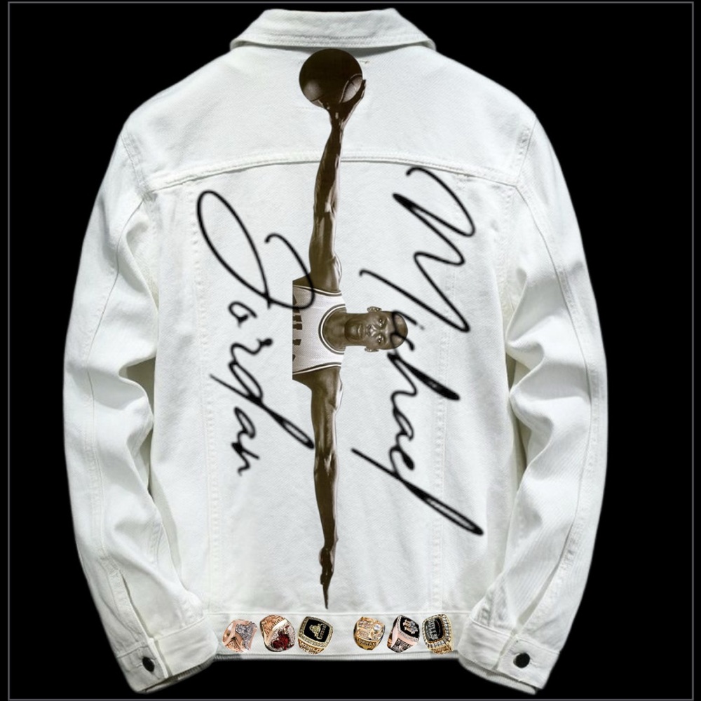 White Denim Jacket with Black Script Design